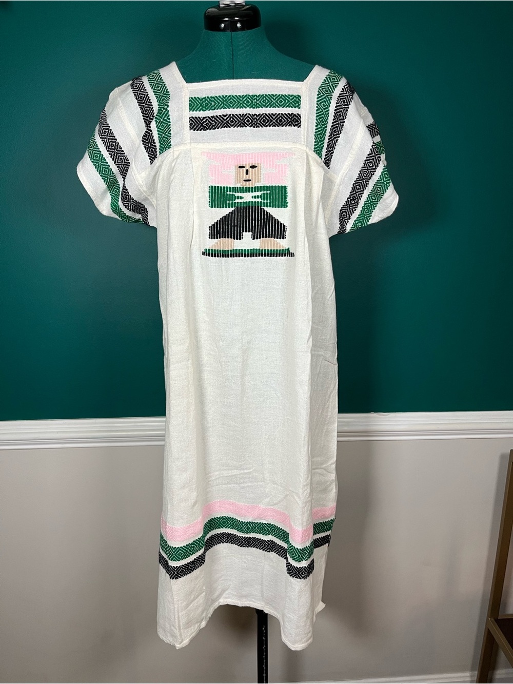 Handwoven Mexican Embroidered Cotton Dress in White, Green & Pink